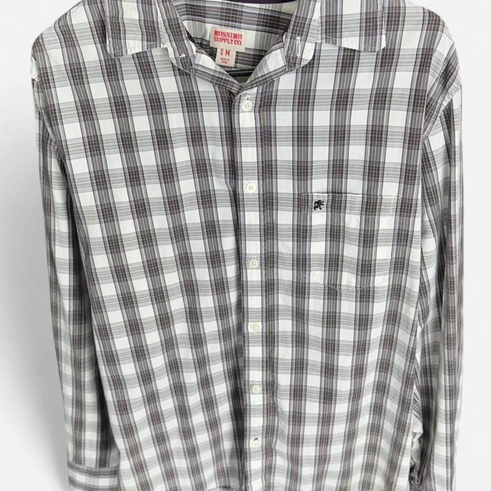 Mossimo Supply Co Mens Grey Purple Plaid Button Down Long Sleeve Shirt Size M